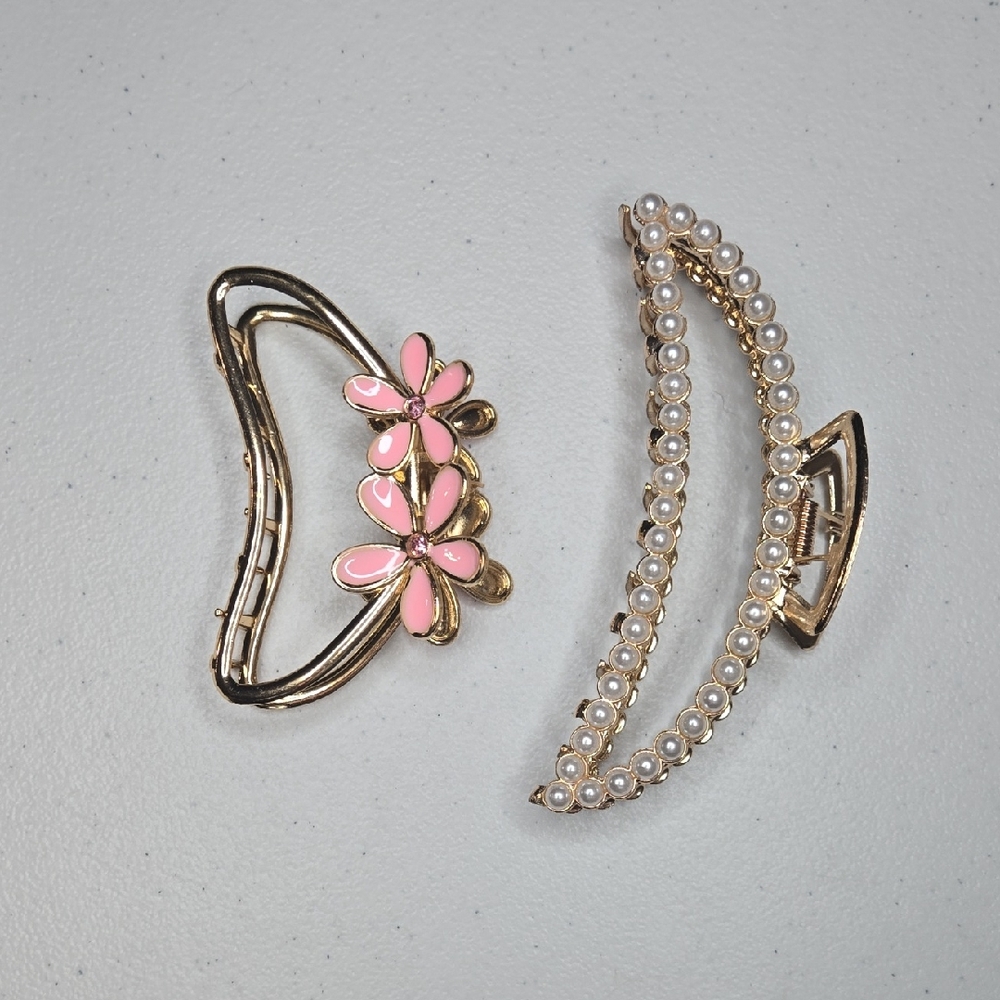 Elegant Gold and Pink Floral Hair Clips
